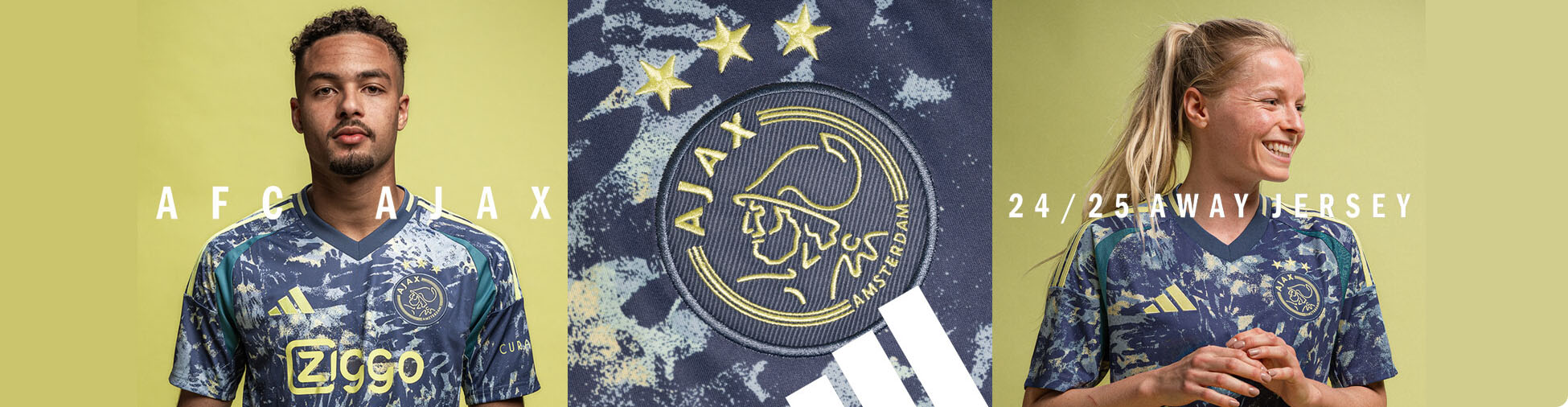 3 afbeeldingen met modellen en Ajax Away 24/25 kleding