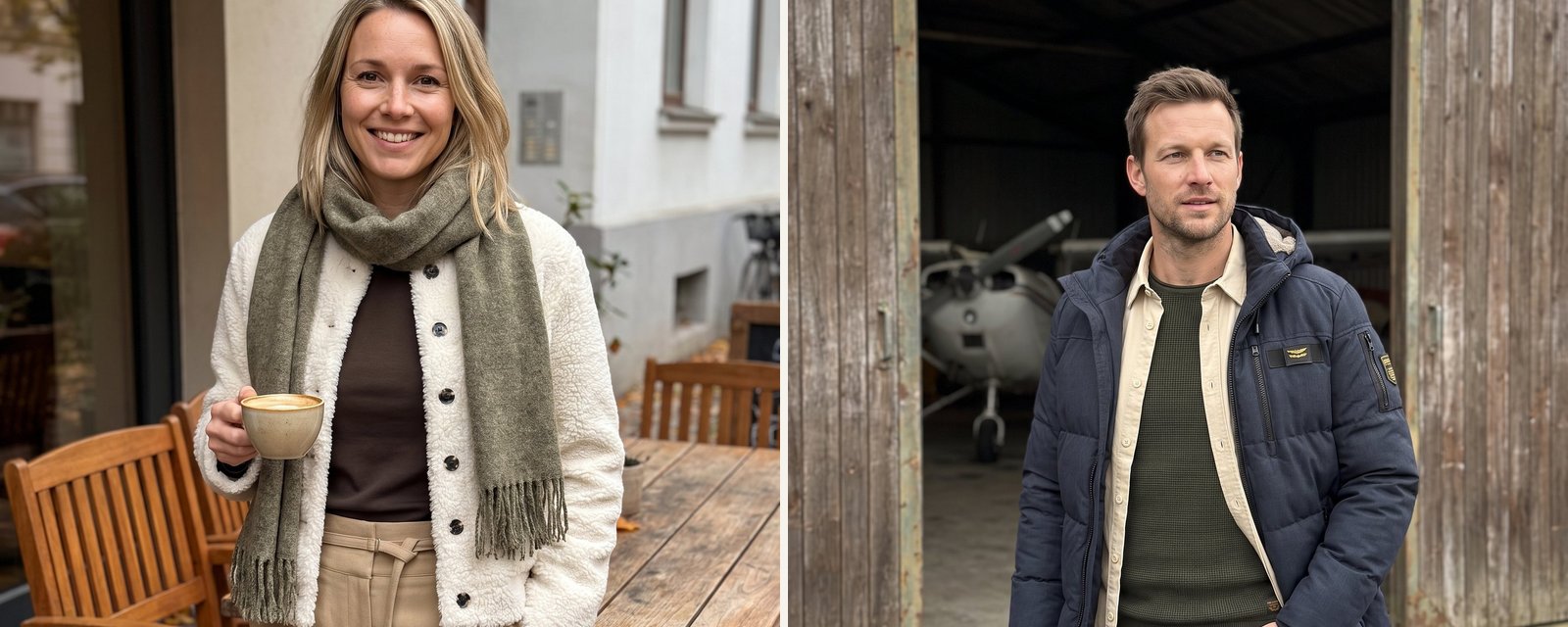 Jassenactie bij Castelijn Mode Beek: vrouw in een offwhite teddyjas met groene sjaal en man in een donkerblauwe gewatteerde jas