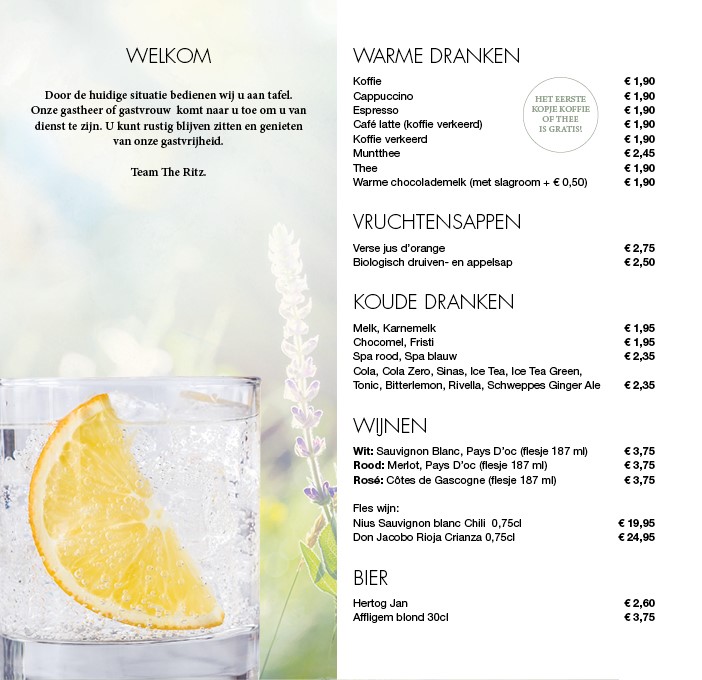 The Ritz menu kaart