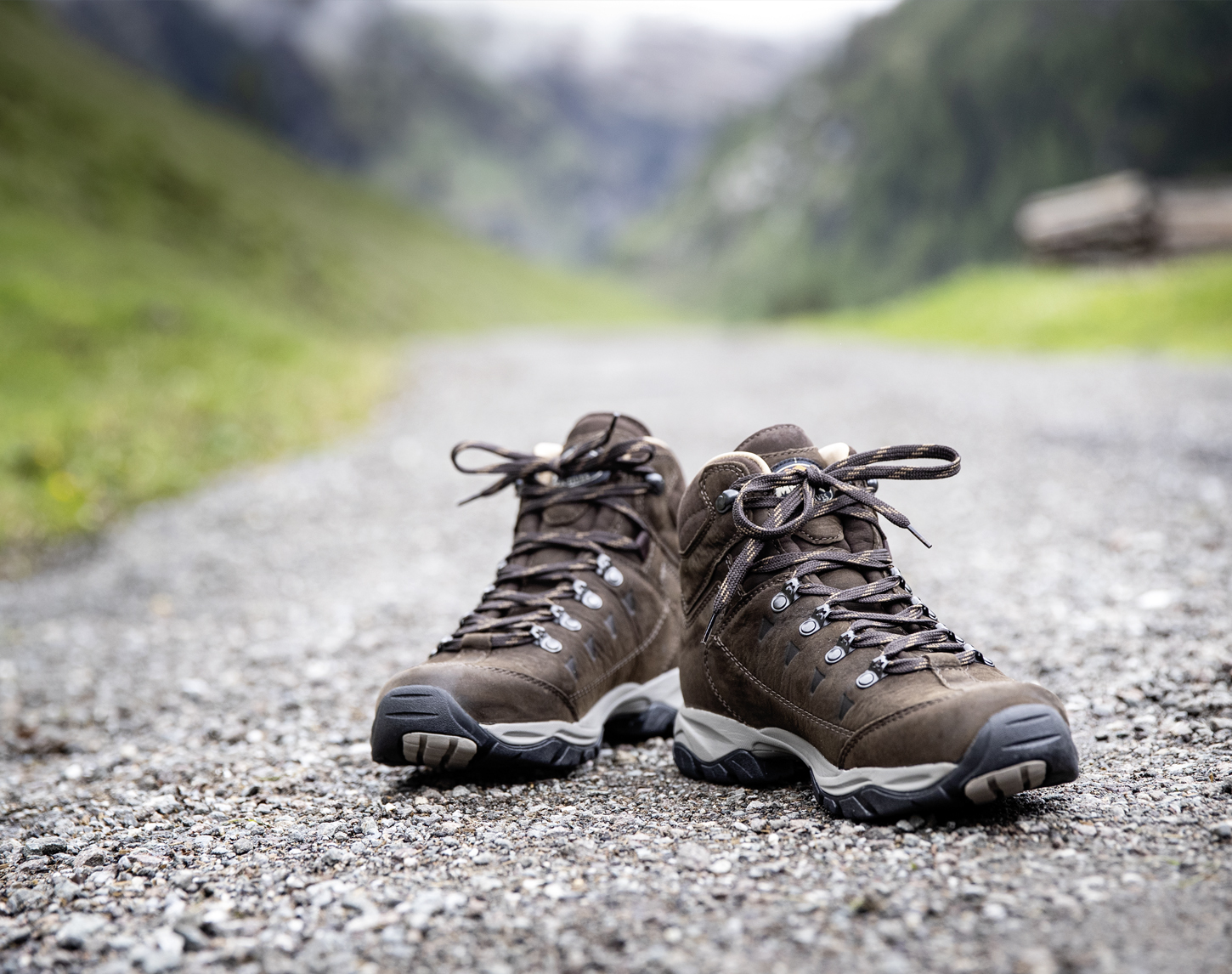 2 bruine wandelschoenen op asfalt weg