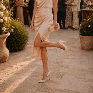 Model in feestkleding met elegante pumps