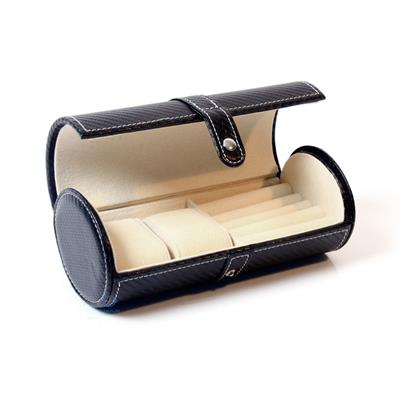 Reiskoker voor 2 horloges en sieraden zwart carbon leer