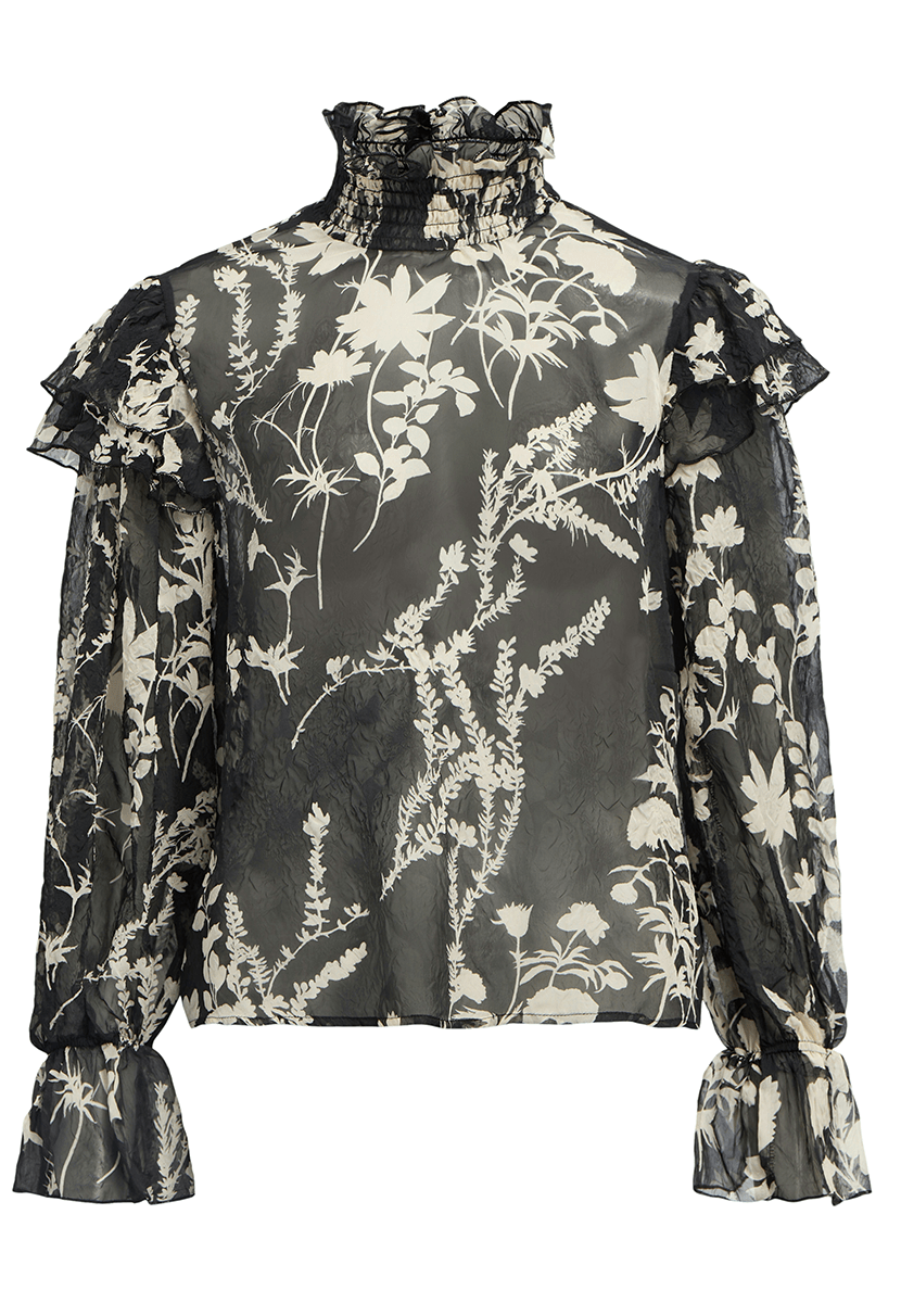 OBJPEARL L/S RE HIGH-NECK FRILL TOP 142 Black White flowers