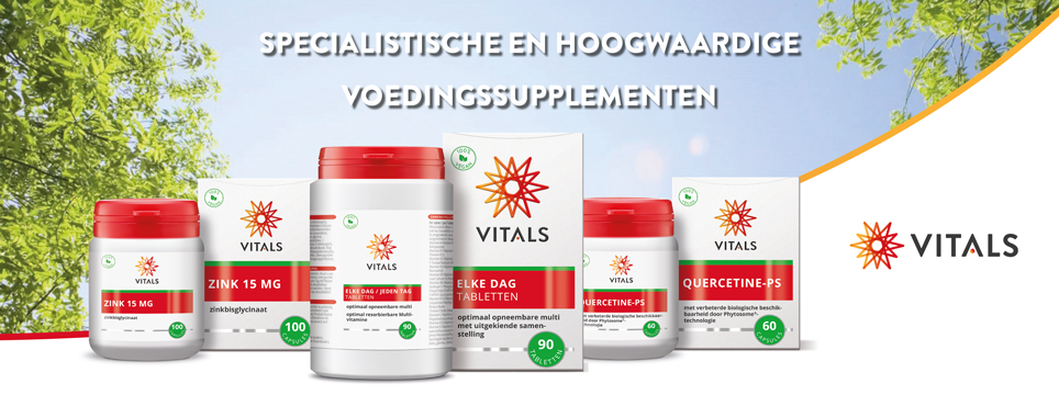 banner met diverse vitals voedingssupplementen, vitaminen en mineralen