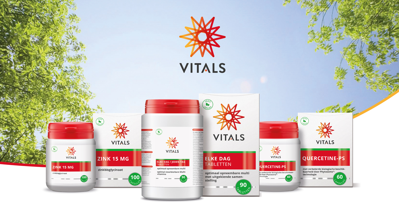 banner met diverse vitals voedingssupplementen, vitaminen en mineralen