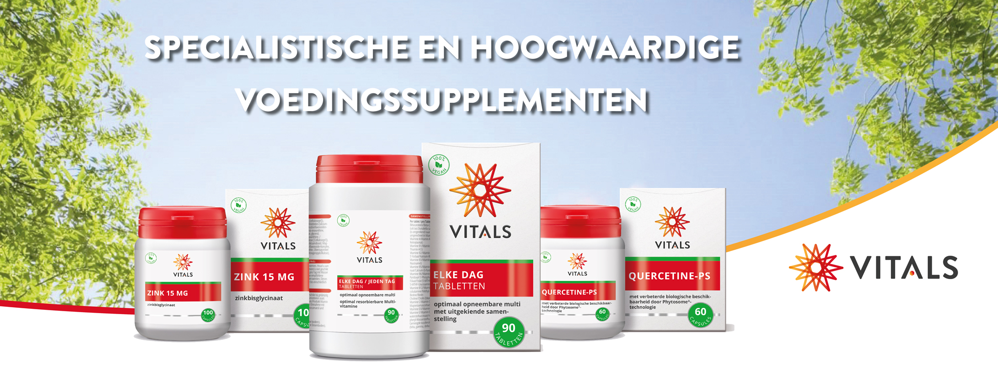 banner met diverse vitals voedingssupplementen, vitaminen en mineralen